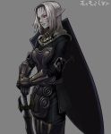  1girl ark_angel ark_angel_ev armor dark_elf elf elvaan final_fantasy final_fantasy_xi grey_skin masn_(moxi) pointy_ears red_eyes shield solo sword translation_request weapon white_hair 