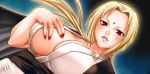  1girl blonde_hair breasts chiba_toshirou cleavage dutch_angle from_below huge_breasts long_hair looking_at_viewer nail_polish naruto parted_lips purple_lips red_eyes red_nails solo tsunade 