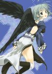  1girl black_wings blue_eyes boots grey_hair kamyu mizuki_makoto short_hair solo utawareru_mono wings 