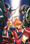  3girls 80s blonde_hair bodysuit cape drill_hair everyone glaring gradient gradient_background green_hair hair_ornament hairclip hand_on_shoulder iczer-1 iczer-2 iczer_(series) iczer_robo iczer_sigma kan&aring;&acirc;_nagisa kanou_nagisa long_hair mecha miniskirt multiple_girls oldschool oobari_masami pointy_ears redhead shoulder_pads skirt tatakae!!_iczer-1 upside-down 