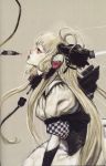  00s 1girl absurdres blonde_hair cable checkered chii chobits expressionless from_side gothic hair_tubes highres long_hair machine profile robot_ears scan sepia simple_background solo terada_katsuya 