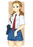  1girl bag blue_eyes brown_hair cowboy_shot diagonal_stripes ear_studs earrings himeji_kyoko himeji_kyouko jewelry joshi_kousei long_hair looking_at_viewer mizuki_makoto necktie plaid plaid_skirt pleated_skirt school_bag school_uniform serafuku shirt short_sleeves skirt solo striped striped_necktie stud_earrings white_shirt 