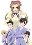  2boys 3girls :d belt black_hair blazer blonde_hair bow brown_eyes brown_hair chin_stroking crossdressinging dress_shirt emblem fujioka_haruhi hair_bow hands_on_own_chest haninozuka_mitsukuni heart height_difference holding houshakuji_renge hug index_finger_raised juliet_sleeves kurakano_momoka long_hair long_sleeves looking_at_viewer milk-candy morinozuka_takashi multiple_boys multiple_girls necktie open_mouth ouran_high_school_host_club pointing pointing_up puffy_sleeves reverse_trap ribbon school_uniform shirt short_hair simple_background smile spoken_heart stuffed_animal stuffed_bunny stuffed_toy white_background 