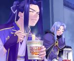  1boy 1girl assassin assassin_(fate/stay_night) caster chopsticks closed_eyes eating fate/stay_night fate_(series) food noodles oekaki pointy_ears ponytail purple_hair ramen steam zen 