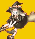  1girl :o animal_ears blonde_hair bow broom broom_riding cat cat_ears dress green_eyes hat long_hair murata_mine open_mouth original ribbon shoes surprised tears witch witch_hat yellow_background 