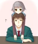  1boy 1girl blazer brown_eyes brown_hair cardigan collared_shirt head_rest kyon long_sleeves looking_at_viewer nagato_yuki necktie on_head red_necktie school_uniform shirt short_hair silver_hair suzumiya_haruhi_no_yuuutsu sweatdrop table white_shirt 