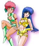  2girls 80s boots breasts cleavage cleavage_cutout dark_skin dirty_pair green_boots grin kei_(dirty_pair) knee_boots large_breasts medium_breasts multiple_girls oldschool smile yuri_(dirty_pair) 