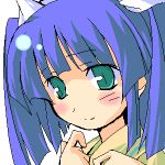  1girl blue_hair close-up face green_eyes hair_ribbon lowres pani_poni_dash! ribbon simple_background smile solo suzuki_sayaka two_side_up white_background 