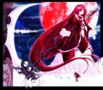  1girl boots castle dress frills glowing gothic hisame_shizuki long_hair moon night pale_skin red_eyes red_moon redhead scythe solo very_long_hair weapon 