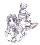  2girls asakura_ryouko graphite_(medium) kinagi_yuu monochrome multiple_girls nagato_yuki purple school_uniform serafuku suzumiya_haruhi_no_yuuutsu traditional_media 