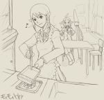  &gt;_&lt; 2girls ahoge apron braid chopsticks closed_eyes collared_shirt cooking curtains drawer elf elvaan emblem final_fantasy final_fantasy_xi fork frying_pan holding indoors knife long_sleeves monochrome multiple_girls music pointy_ears ribbon school_uniform shelf shirt single_braid sitting standing stove table window 