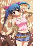  1girl belt blue_hair boots bra_strap camisole character_request denim denim_shorts female fumio_(ura_fmo) jacket long_hair looking_at_viewer midriff red_eyes shorts solo source_request tank_top twintails 