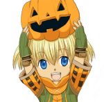  1girl blonde_hair blue_eyes final_fantasy final_fantasy_xi fingerless_gloves gloves lowres open_mouth pumpkin short_hair simple_background solo tarutaru white_background 