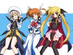  3girls belt beltskirt black_wings blonde_hair blue_eyes blush bow bowtie brown_hair cape dancing embarrassed fate_testarossa fingerless_gloves gloves hair_ribbon hat jacket jinki kirisawa_tokito long_hair looking_at_viewer lyrical_nanoha magical_girl mahou_shoujo_lyrical_nanoha mahou_shoujo_lyrical_nanoha_a&#039;s miniskirt multiple_girls one_eye_closed open_clothes open_jacket parody pointing red_bow red_eyes redhead ribbon skirt takamachi_nanoha thigh-highs tongue tongue_out twintails unison very_long_hair violet_eyes waist_cape wings x_hair_ornament yagami_hayate 