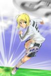  1girl 2006_fifa_world_cup ball blonde_hair clothes_writing england fate/stay_night fate_(series) g-tetsu germany green_eyes kicking saber soccer soccer_ball solo sport teamgeist world_cup 