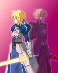  2girls armor armored_dress blonde_hair dark_excalibur dress dual_persona excalibur excalibur_morgan fate/stay_night fate_(series) g-tetsu glowing glowing_sword glowing_weapon invisible_air multiple_girls saber saber_alter sword weapon 
