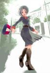  1girl bag boots dress green_eyes green_hair high_heels higurashi_no_naku_koro_ni long_hair looking_back ponytail road shoes solo sonozaki_mion street umiichi_kurage 