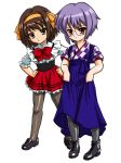  2girls arrow_print bandabekken bashamichi black_legwear boots bronze_parrot brown_eyes brown_hair cosplay glasses hairband hakama hands_on_hips japanese_clothes loafers multiple_girls nagato_yuki pantyhose purple_hair shoes short_hair simple_background skirt skirt_lift suzumiya_haruhi suzumiya_haruhi_no_yuuutsu waitress yagasuri 