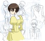 1girl cowboy_shot dress expressionless formal from_behind fujioka_haruhi long_sleeves looking_at_viewer looking_back ouran_high_school_host_club partially_colored psyt2 short_hair sketch solo suit unfinished yellow_dress 