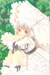  00s 1girl artbook bangs blonde_hair bow chii chobits clamp dress frilled_dress frilled_legwear frilled_sleeves frills highres knees_up layered_dress long_hair looking_at_viewer parasol ribbon scan scan_artifacts sitting smile socks solo tree umbrella white_dress white_legwear yellow_eyes 