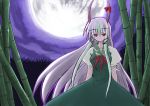  1girl bamboo bamboo_forest ex-keine female forest horn_ribbon horns kamishirasawa_keine kurousou long_hair moon nature night night_sky red_eyes ribbon silver_hair sky solo touhou very_long_hair 