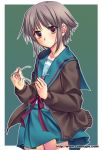  1girl cardigan glasses grey_hair holding holding_glasses looking_at_viewer nagato_yuki school_uniform serafuku solo suzumiya_haruhi_no_yuuutsu yellow_eyes yuuki_keisuke 