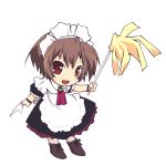  1girl :d brown_eyes brown_hair chibi cleaning duster looking_at_viewer maid maid_headdress murakami_suigun open_mouth short_hair simple_background smile solo 