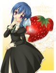  1girl black_dress blue_hair blush braid dress food fruit hair_ornament hand_over_mouth hand_to_own_mouth head_tilt juliet_sleeves lace long_hair long_sleeves looking_at_viewer necktie puffy_sleeves school_uniform serafuku setins sidelocks sleeves_folded_up smile solo star strawberry strawberry_panic! suzumi_tamao tagme text violet_eyes 
