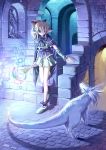  1girl blonde_hair cape dated dungeon elf familiar magic pointy_ears staff stairs statue ueda_ryou violet_eyes witch 