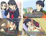  2girls aliasing bangs black_hair blush dutch_angle eating female food glasses hamburger kako-hime mako-hime multiple_girls multiple_views oekaki outdoors ponytail princess_kako princess_mako real_life real_life_insert school_uniform serafuku smile translated uniform 