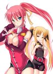  2girls age_difference blonde_hair breast_envy breasts cleavage fate_testarossa hands_on_breasts large_breasts lyrical_nanoha mahou_shoujo_lyrical_nanoha mahou_shoujo_lyrical_nanoha_a&#039;s multiple_girls signum skin_tight small_breasts soba_(saz) yukizuki_chikuba 