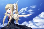  1girl :d air blonde_hair blue_eyes clouds dress female kamio_misuzu long_hair open_mouth outstretched_arms ponytail sky smile solo soumi_shizuru spread_arms twintails 
