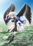  1girl boots flying grey_hair kamyu miyai_max silver_hair solo utawareru_mono wings 