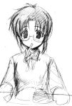  00s 1girl asaga_aoi blush bow bowtie ciel curry flat_chest food glasses monochrome mouth_hold plate school_uniform serafuku short_hair simple_background sitting sketch solo sweater_vest table tsukihime 