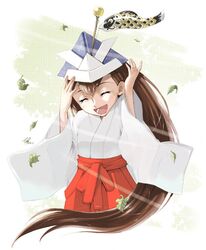  1girl brown_hair closed_eyes hakama japanese_clothes kimono koinobori leaf long_hair miko open_mouth paper_hat red_hakama solo very_long_hair wind yuu_(yuyukaikan) 