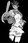  1girl 90s armor berserk black_hair cape casca dark_skin gloves lips monochrome short_hair solo sword thigh-highs weapon 