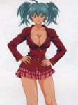  00s 1girl breasts cleavage green_hair ikkitousen large_breasts no_bra ryofu_housen school_uniform serafuku skirt twintails 