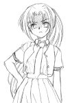 1girl bangs buttons greyscale hand_on_hip higurashi_no_naku_koro_ni long_hair looking_at_viewer monochrome necktie open_clothes open_vest parted_bangs pleated_skirt ponytail school_uniform simple_background skirt solo sonozaki_mion upper_body vest white_background