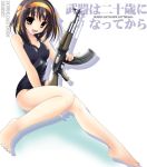  1girl ak-47 assault_rifle barefoot brown_hair feet gun kalashnikov namamo_nanase one-piece_swimsuit rifle school_swimsuit short_hair solo suzumiya_haruhi suzumiya_haruhi_no_yuuutsu swimsuit translation_request weapon 