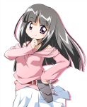  1girl belt grey_hair hand_on_hip hips hiro_hiroki ichihara_momoko long_hair love_get_chu off_shoulder rabbit skirt smile solo violet_eyes 