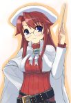  1girl aty aty_(summon_night) beltskirt beret blue_eyes breasts brooch cape gem glasses hat jewelry otoutogimi redhead ribbed_sweater solo summon_night summon_night_3 sweater 