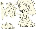  1girl aliasing electric_fan fanning_face fanning_self long_hair lowres monochrome murata_mine oekaki seiza simple_background sitting skirt solo white_background 