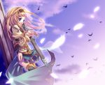  1girl alicia alicia_(valkyrie_profile_2) bird blonde_hair blue_eyes boots clouds feathers hairband komi_zumiko long_hair overskirt princess puffy_sleeves sheath sheathed silmeria skirt sky solo standing sword thigh-highs thigh_boots valkyrie_profile valkyrie_profile_2 weapon zettai_ryouiki 