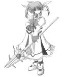  1girl boots bow fingerless_gloves full_body gloves looking_at_viewer lyrical_nanoha magazine_(weapon) magical_girl mahou_shoujo_lyrical_nanoha mahou_shoujo_lyrical_nanoha_a&#039;s monochrome polearm raising_heart short_hair simple_background smile solo standing takamachi_nanoha twintails weapon white_devil zero_point 