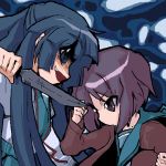  2girls asakura_ryouko battle cardigan fighting half_updo knife mizumi_(artist) multiple_girls nagato_yuki oekaki school_uniform serafuku suzumiya_haruhi_no_yuuutsu 