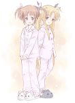 00s 2girls :d animal_slippers arms_behind_back blonde_hair blue_eyes blush brown_hair bunny_slippers buttons fate_testarossa full_body hands_together long_hair long_sleeves looking_at_viewer lyrical_nanoha mahou_shoujo_lyrical_nanoha multiple_girls no_legwear open_mouth pajamas red_eyes redhead short_twintails slippers smile standing takahashi_mugi takamachi_nanoha twintails v_arms very_long_hair violet_eyes 