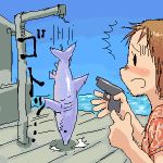  1girl aliasing blush far_cry gun handgun kikai_(akita_morgue) lowres oekaki outdoors pier pistol shark water weapon what 