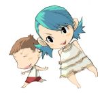  aqua_hair black_eyes brown_hair chibi dress enami_katsumi grin running smile 