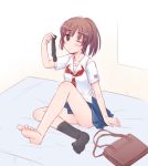  1girl arm_support bag bed brown_eyes brown_hair emon feet footwear kimi_kiss legs_crossed one_eye_closed sakino_asuka school_bag school_uniform serafuku short_hair single_sock socks solo 