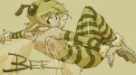  1girl animal_ears antennae back bee_girl bodysuit detached_sleeves green_eyes insect_girl insect_wings looking_back monster_girl muted_color outstretched_arms pointy_ears shoes short_hair sketch smile solo spread_arms striped wings yellow 